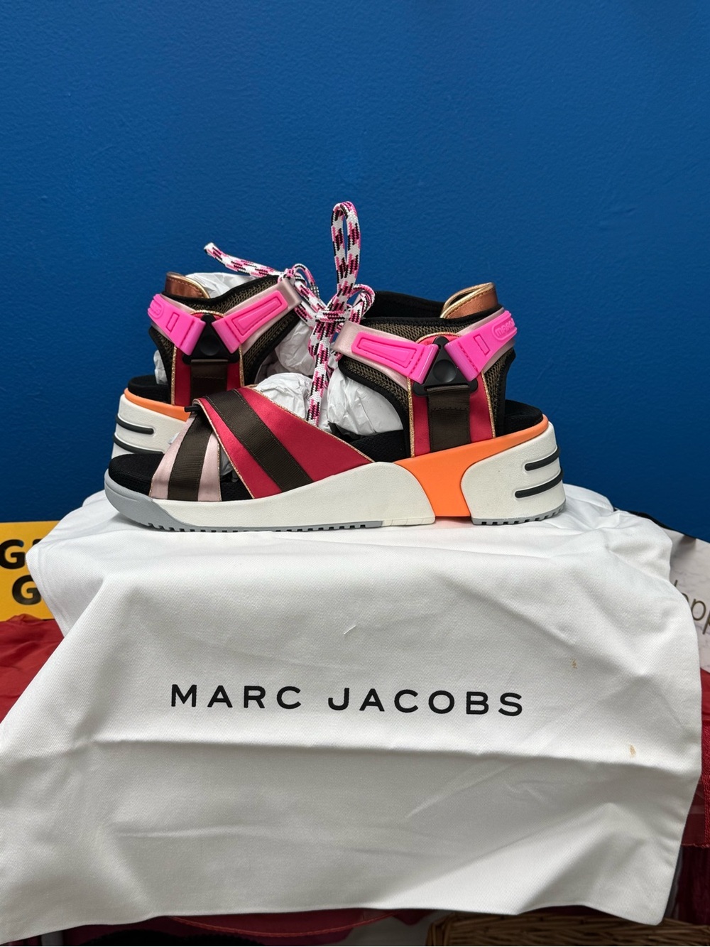 Marc Jacobs Neon Pink, Orange & Black Platform Sport Sandals